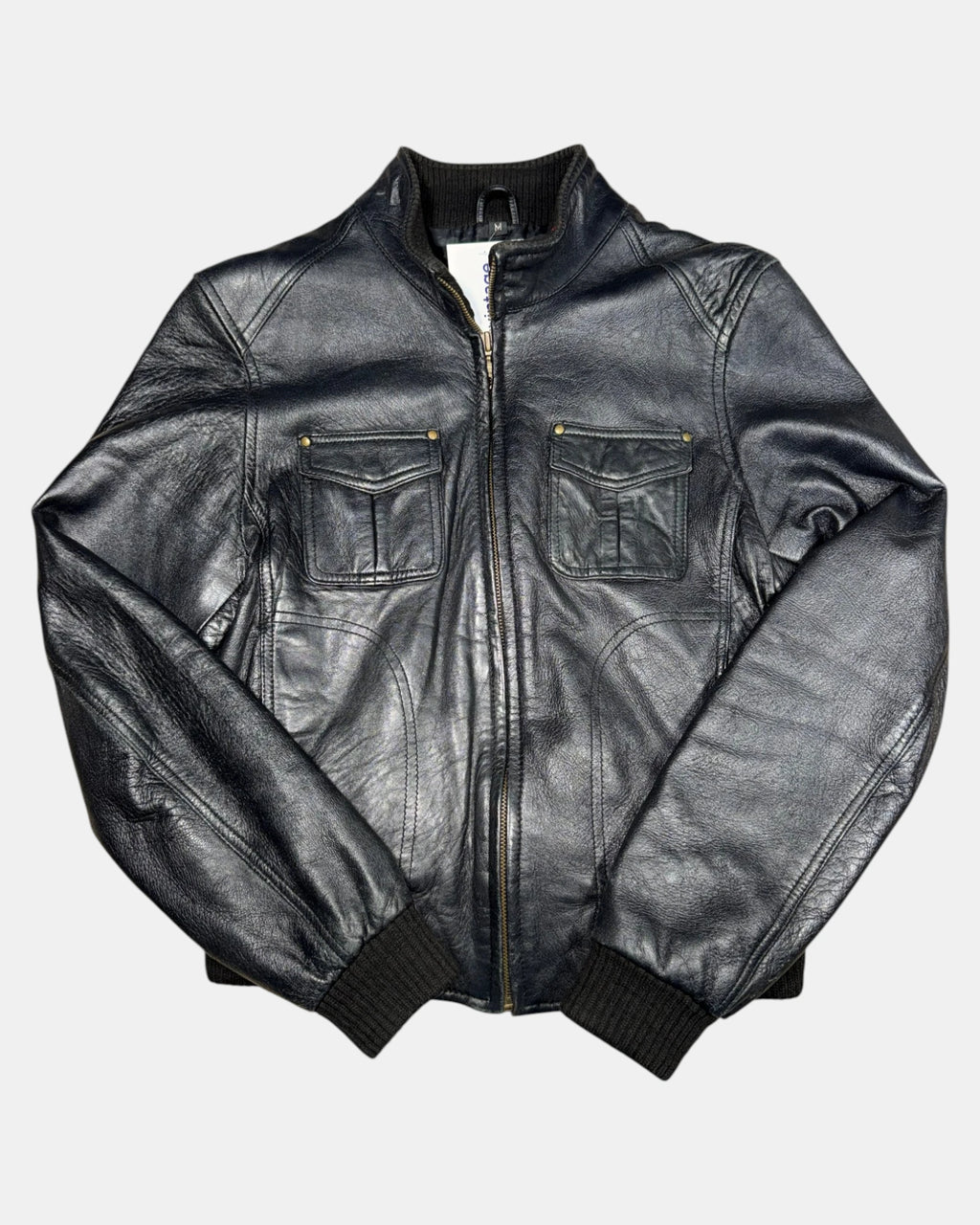 Black Leather Motorcycle Jacket with Fabric Trim | Est. Size 6-8