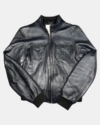 Black Leather Motorcycle Jacket with Fabric Trim | Est. Size 6-8