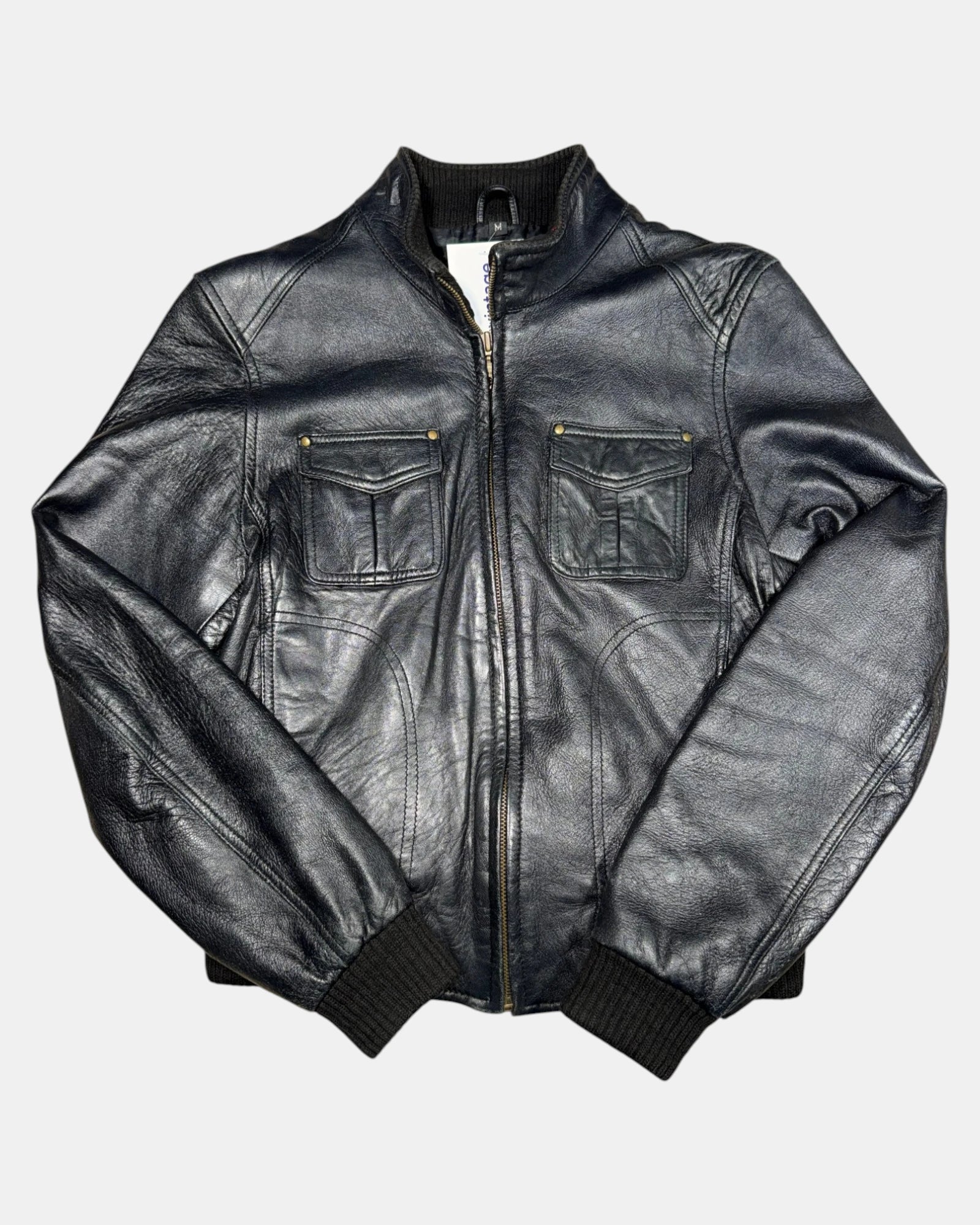 Black Leather Motorcycle Jacket with Fabric Trim | Est. Size 6-8