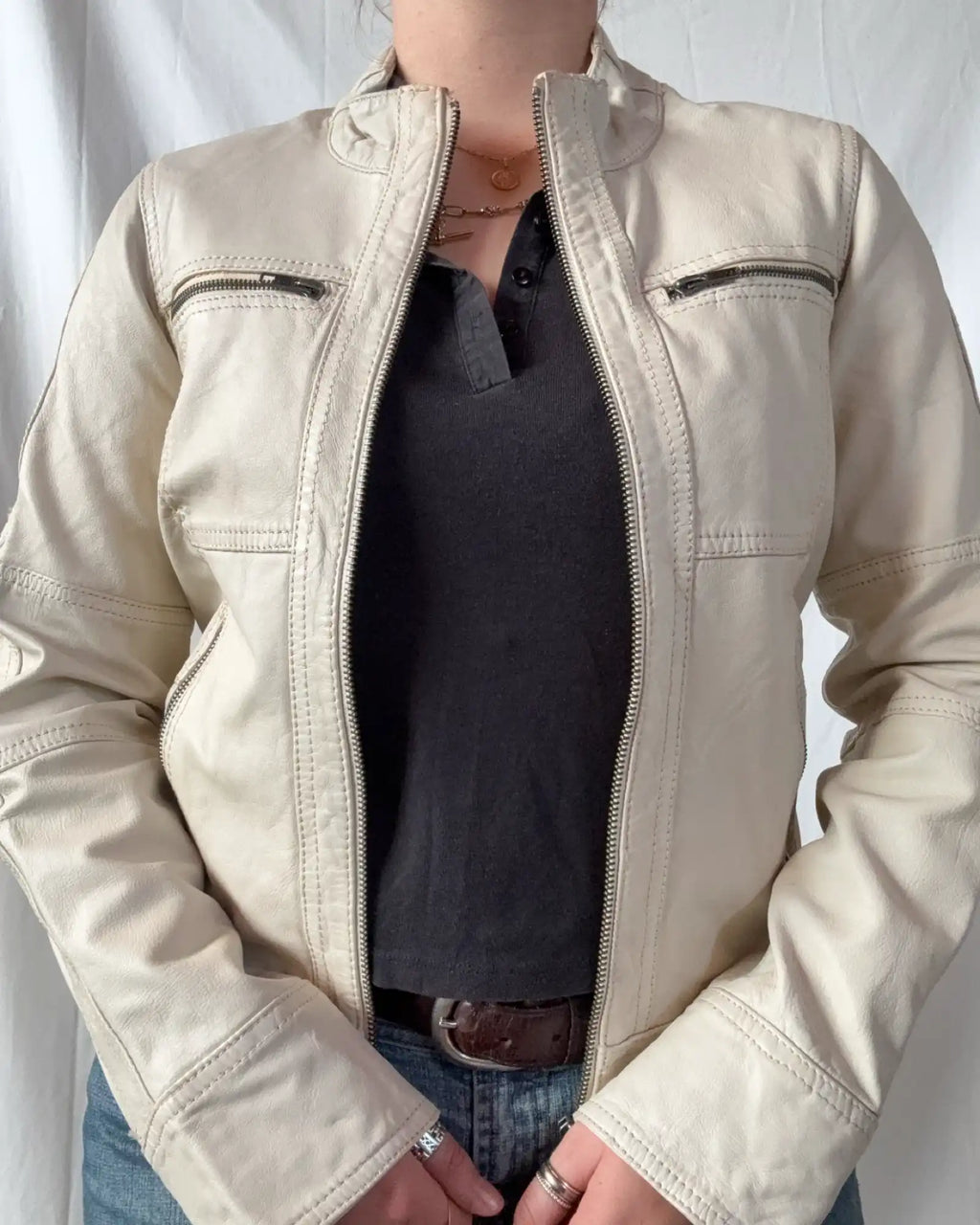 White Leather Vintage Motorcycle Jacket
