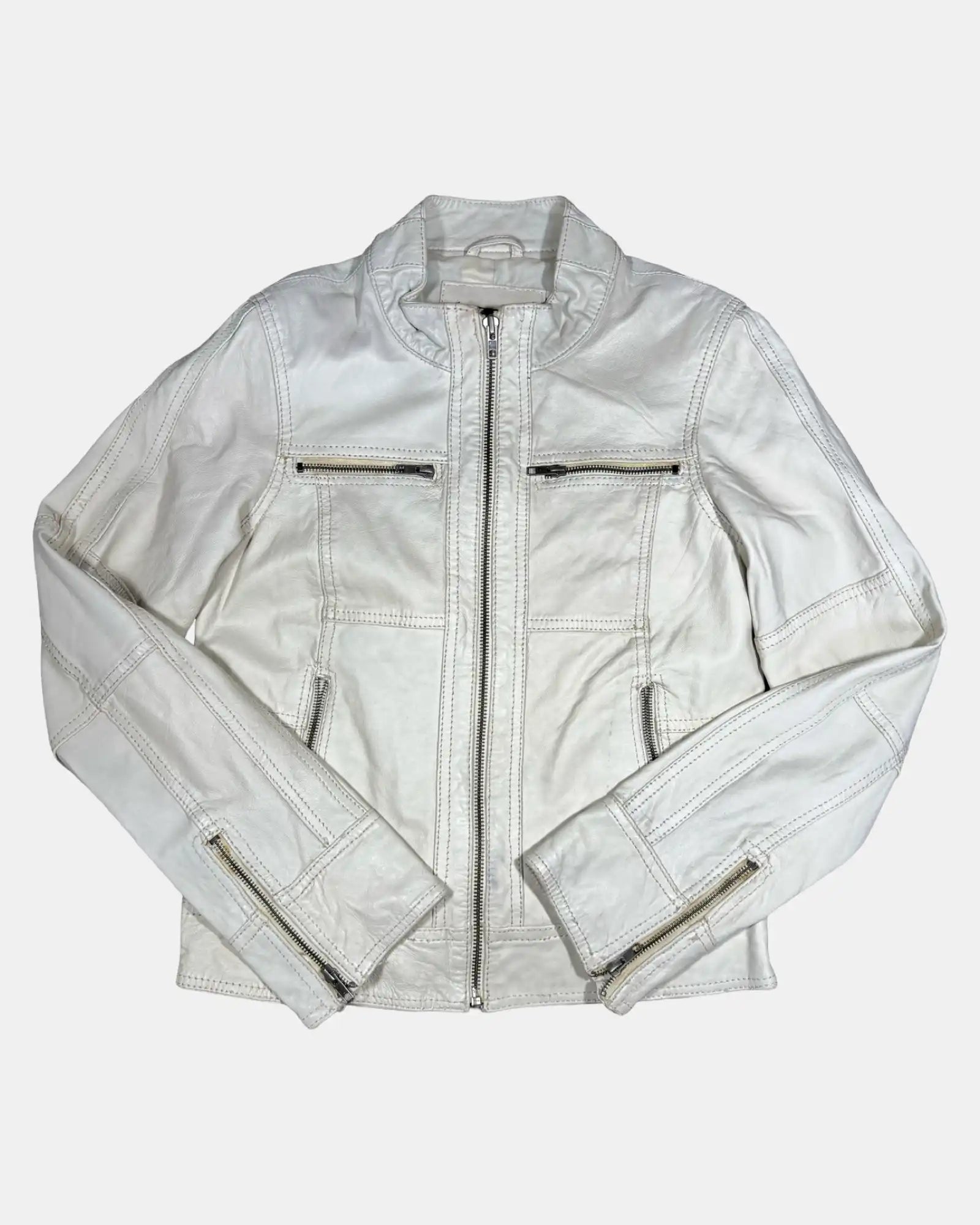 White Leather Vintage Motorcycle Jacket