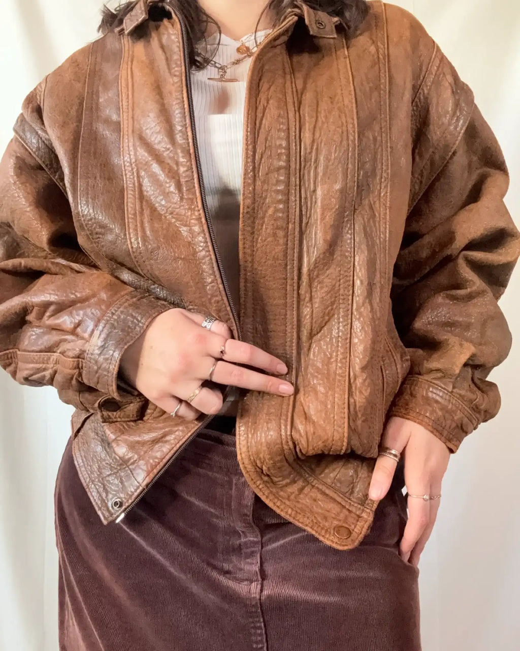 Brown Leather Textured Bomber Jacket