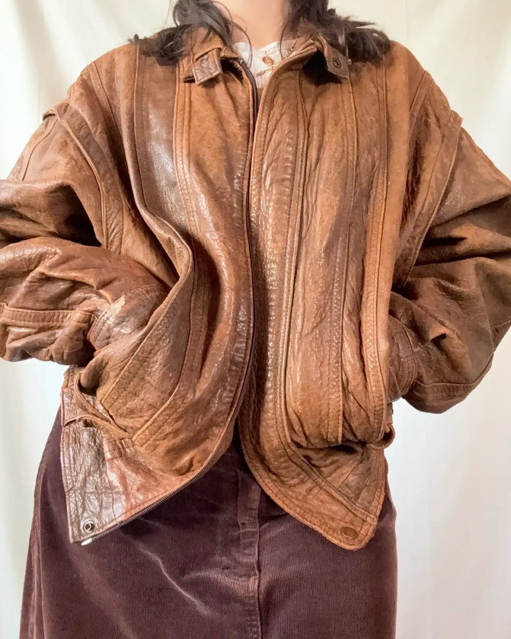 Brown Leather Textured Bomber Jacket