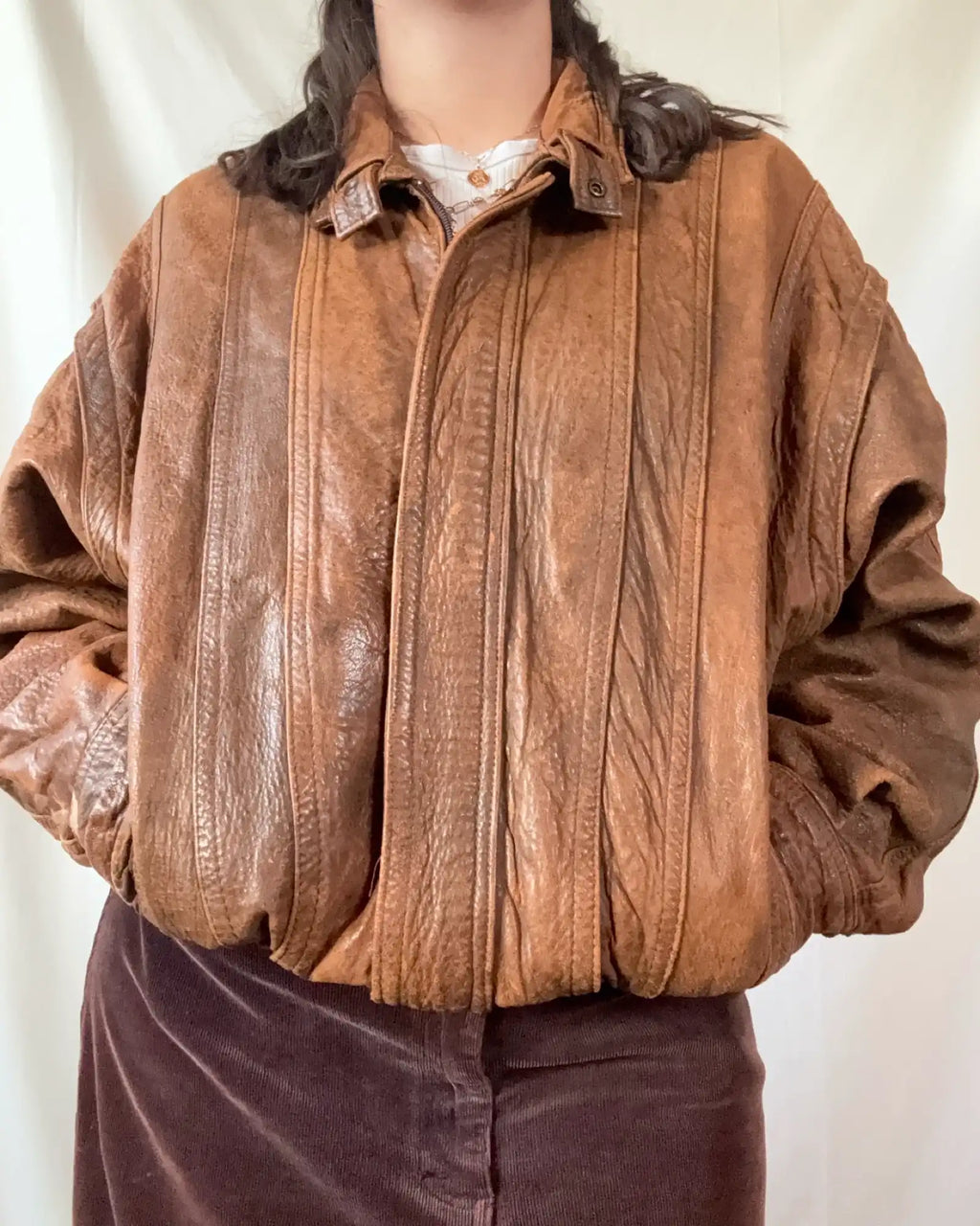 Brown Leather Textured Bomber Jacket