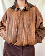 Brown Leather Textured Bomber Jacket