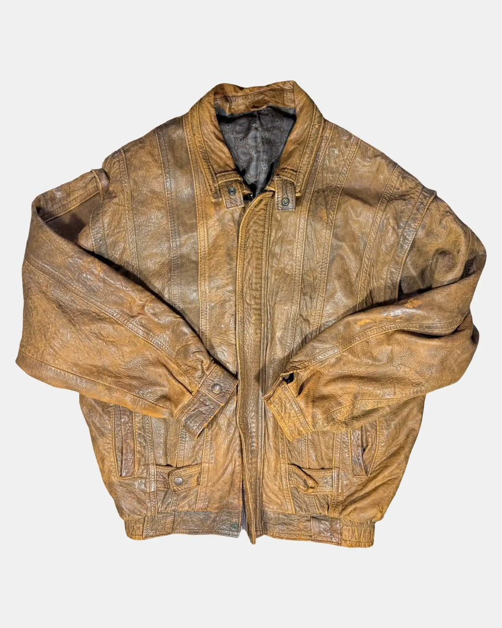 Brown Leather Textured Bomber Jacket