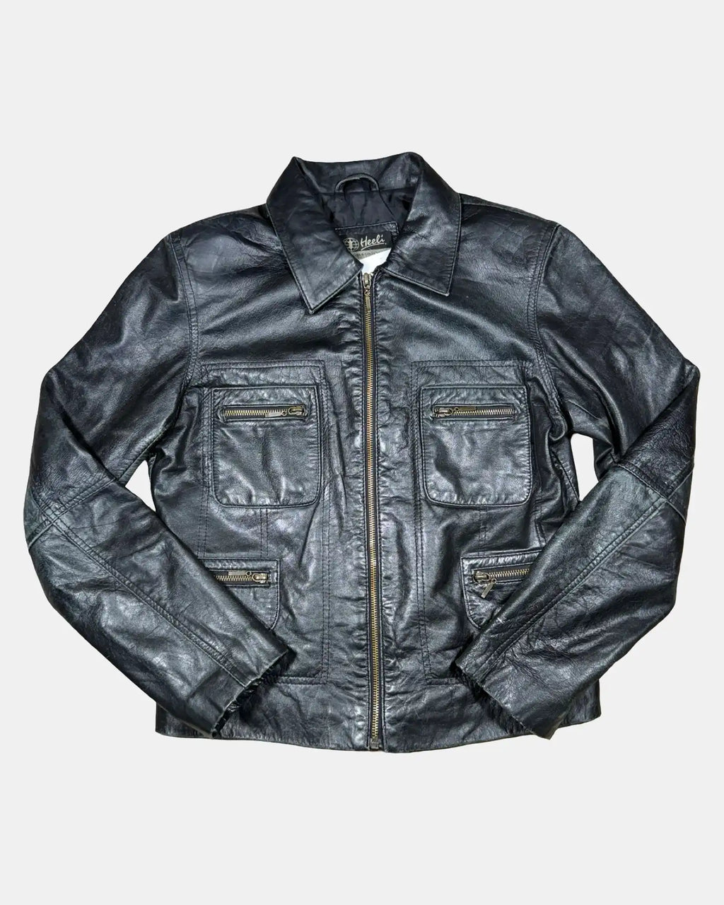 Black Leather Motorcycle Jacket with Multiple Pockets