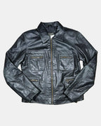 Black Leather Motorcycle Jacket with Multiple Pockets