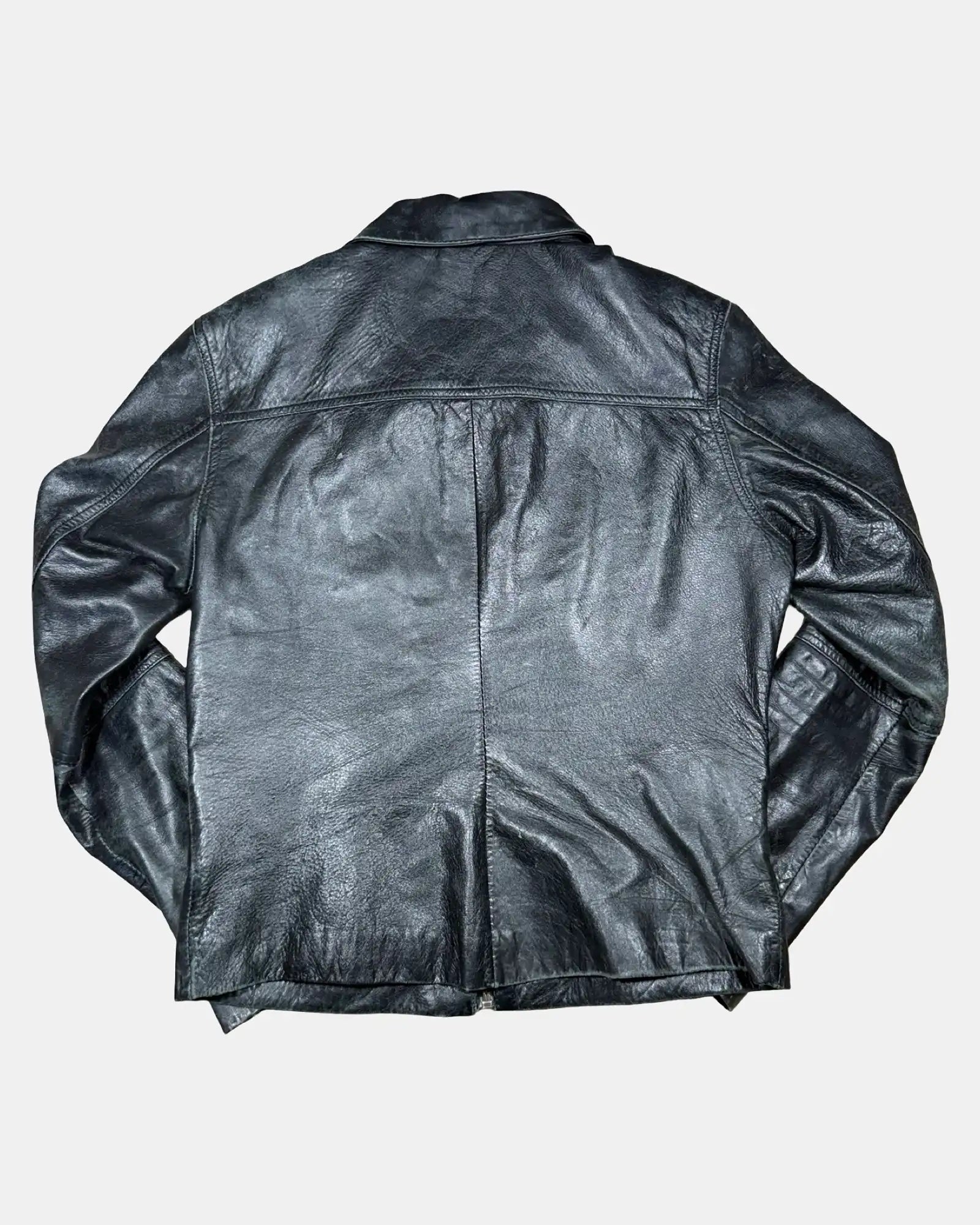Black Leather Motorcycle Jacket with Multiple Pockets