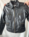 Black Leather Motorcycle Jacket with Multiple Pockets