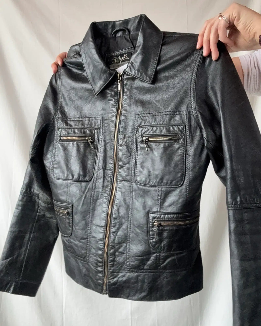 Black Leather Motorcycle Jacket with Multiple Pockets