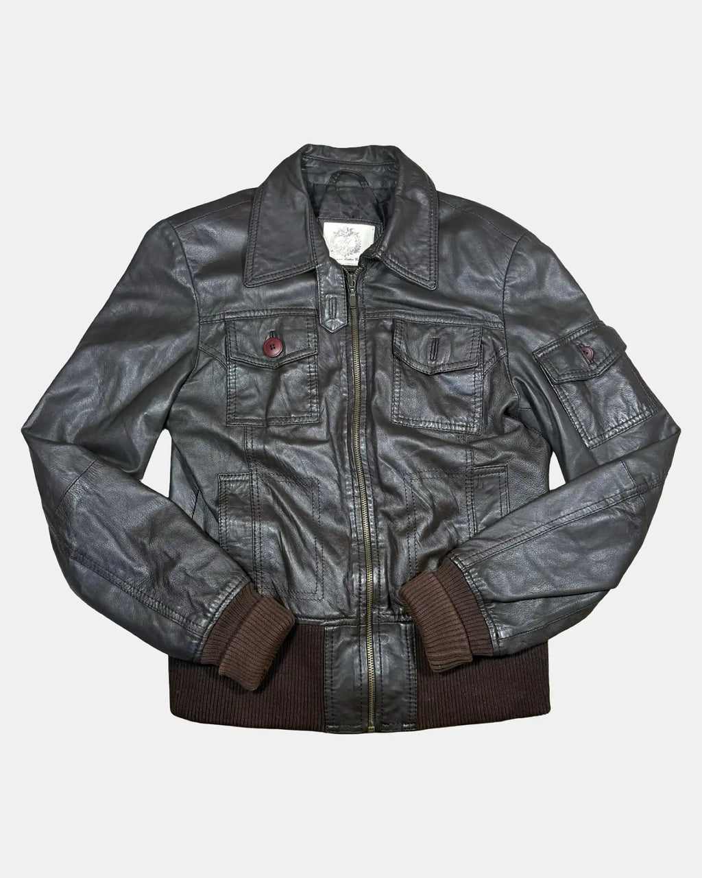 Brown Leather Jacket with Fabric Trim
