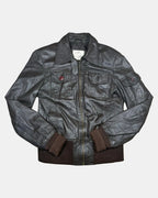 Brown Leather Jacket with Fabric Trim