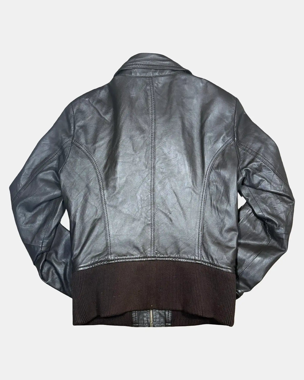 Brown Leather Jacket with Fabric Trim