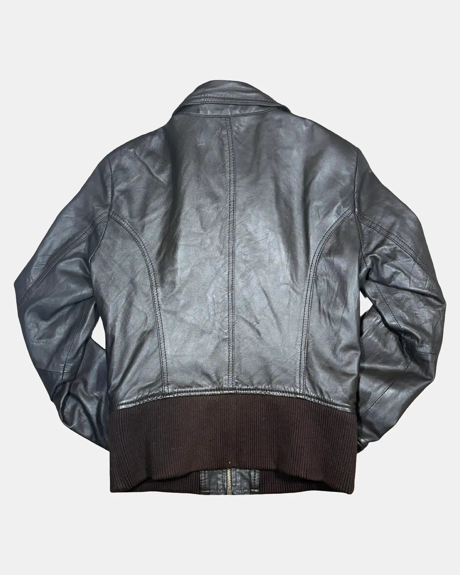 Brown Leather Jacket with Fabric Trim