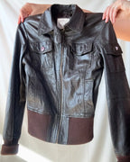 Brown Leather Jacket with Fabric Trim