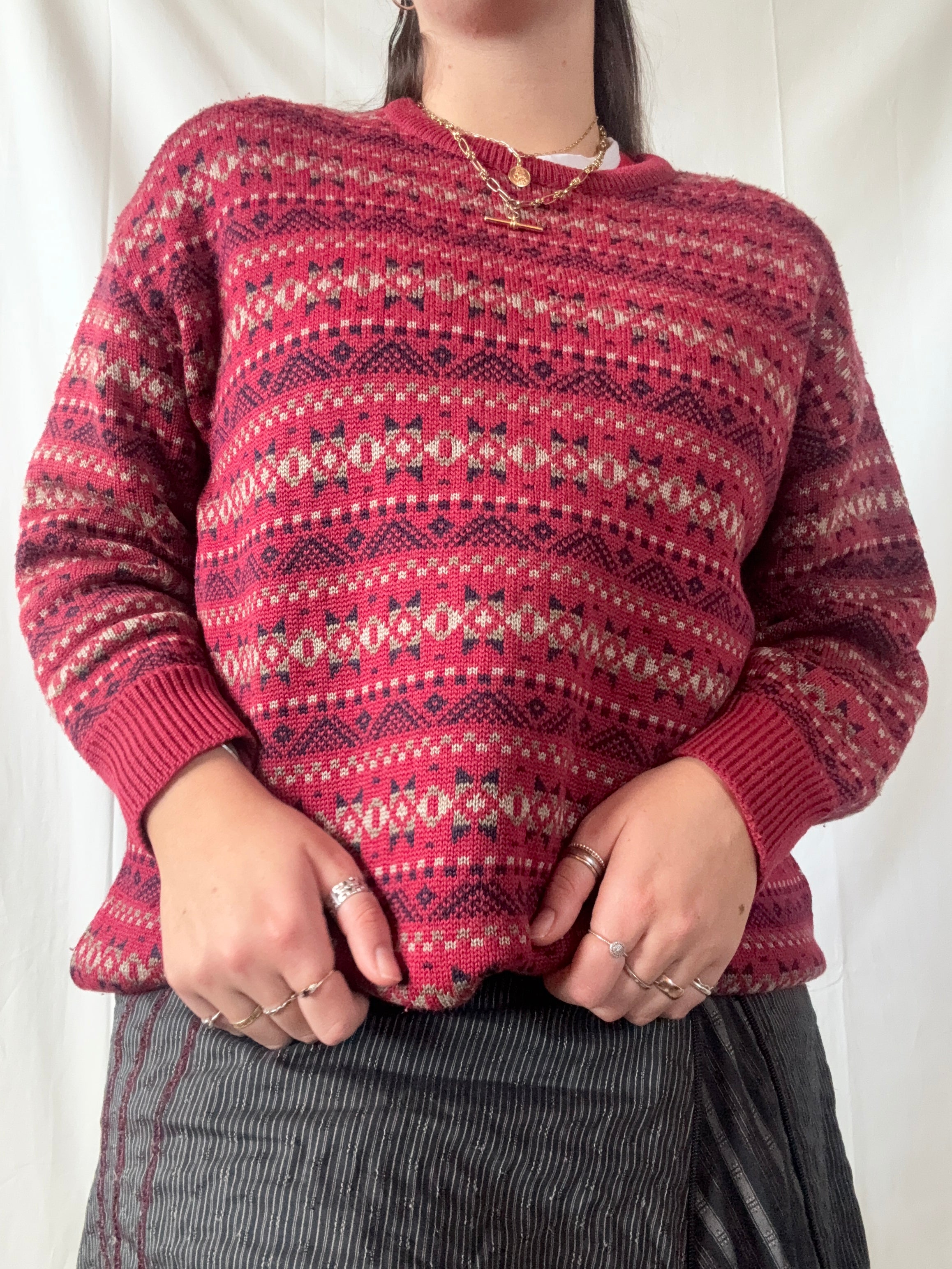 Red Patterned Knit Jumper | Size XL