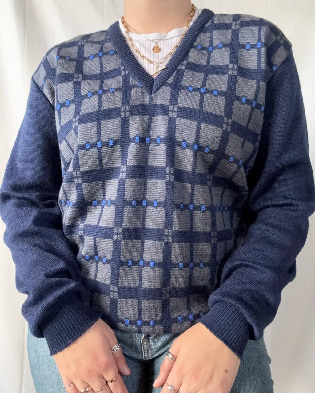 Vintage Blue Checked Knit Jumper