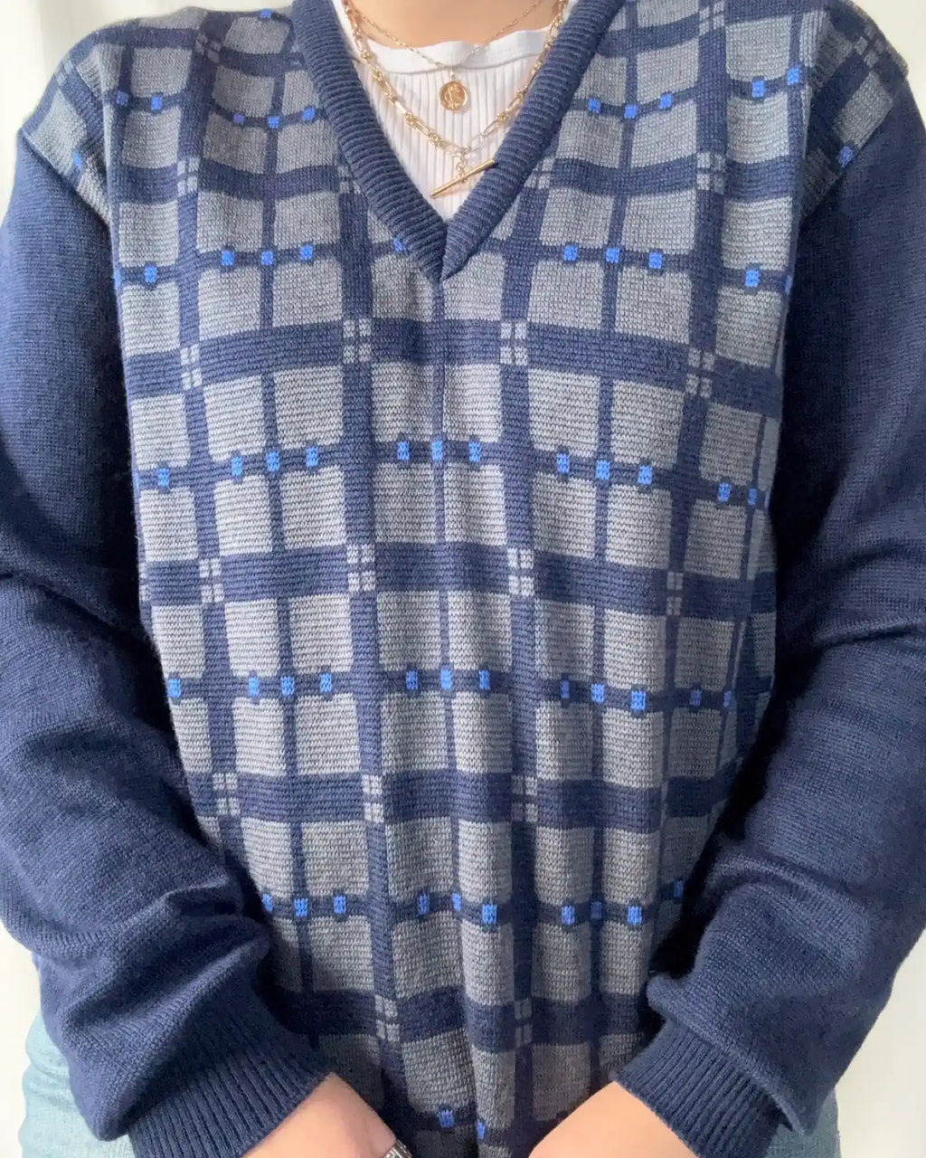 Vintage Blue Checked Knit Jumper