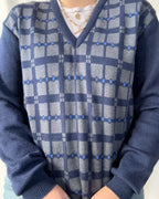 Vintage Blue Checked Knit Jumper