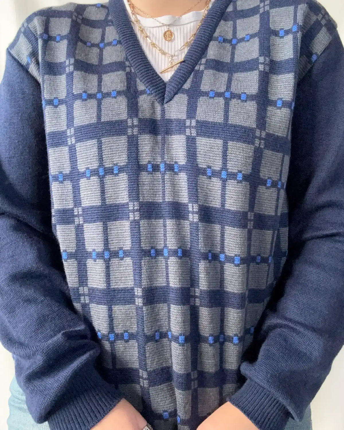 Vintage Blue Checked Knit Jumper