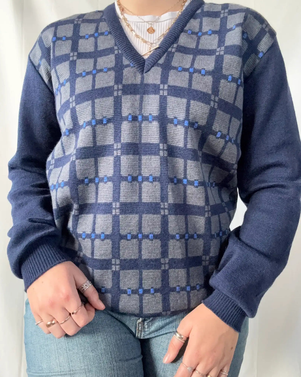 Vintage Blue Checked Knit Jumper