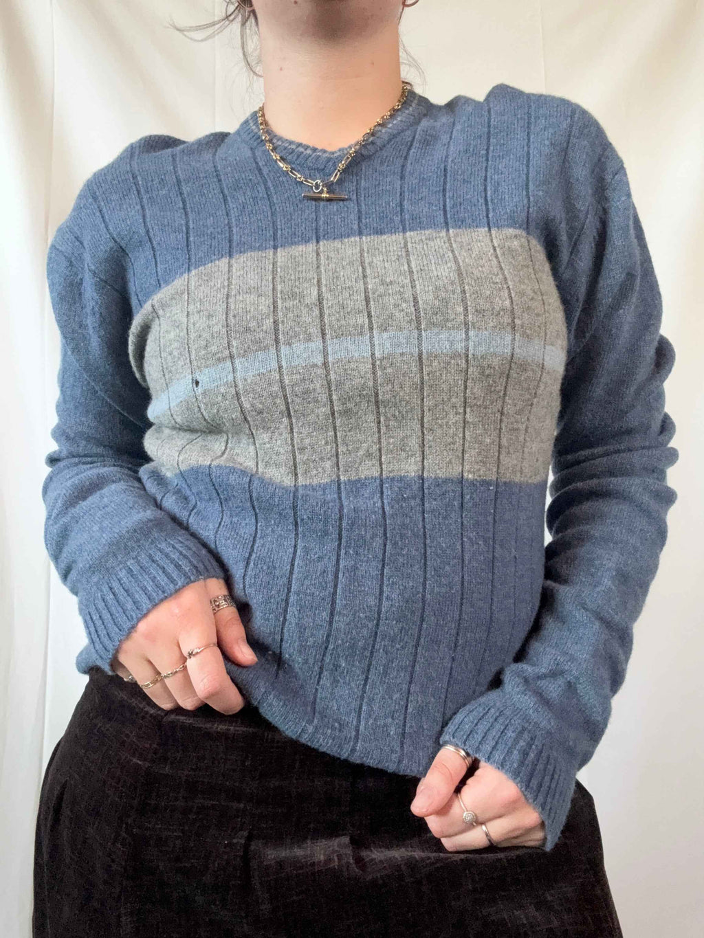 Blue and Grey Pure Wool Jumper | Size XL