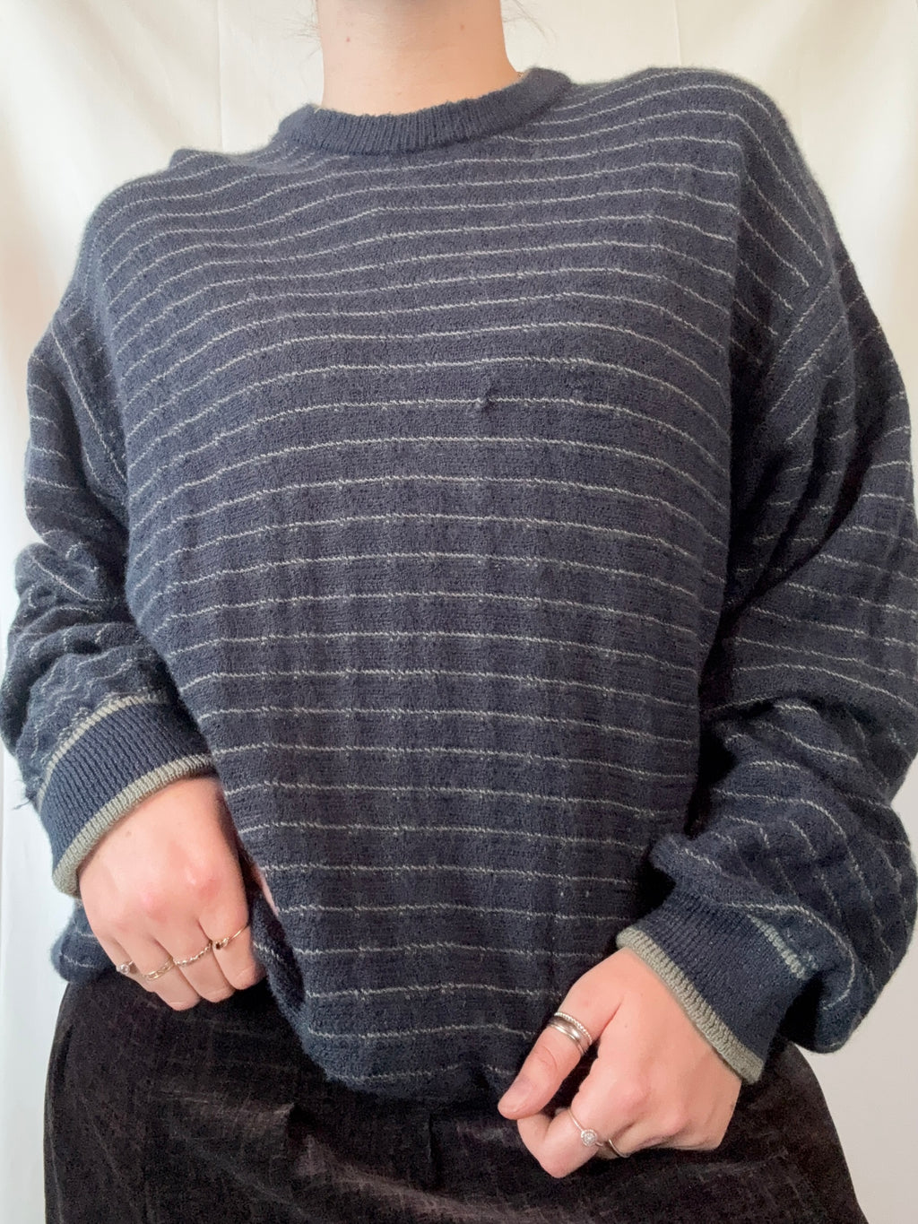 Blue & Green Striped Knit Jumper | Size L - Zip Vintage