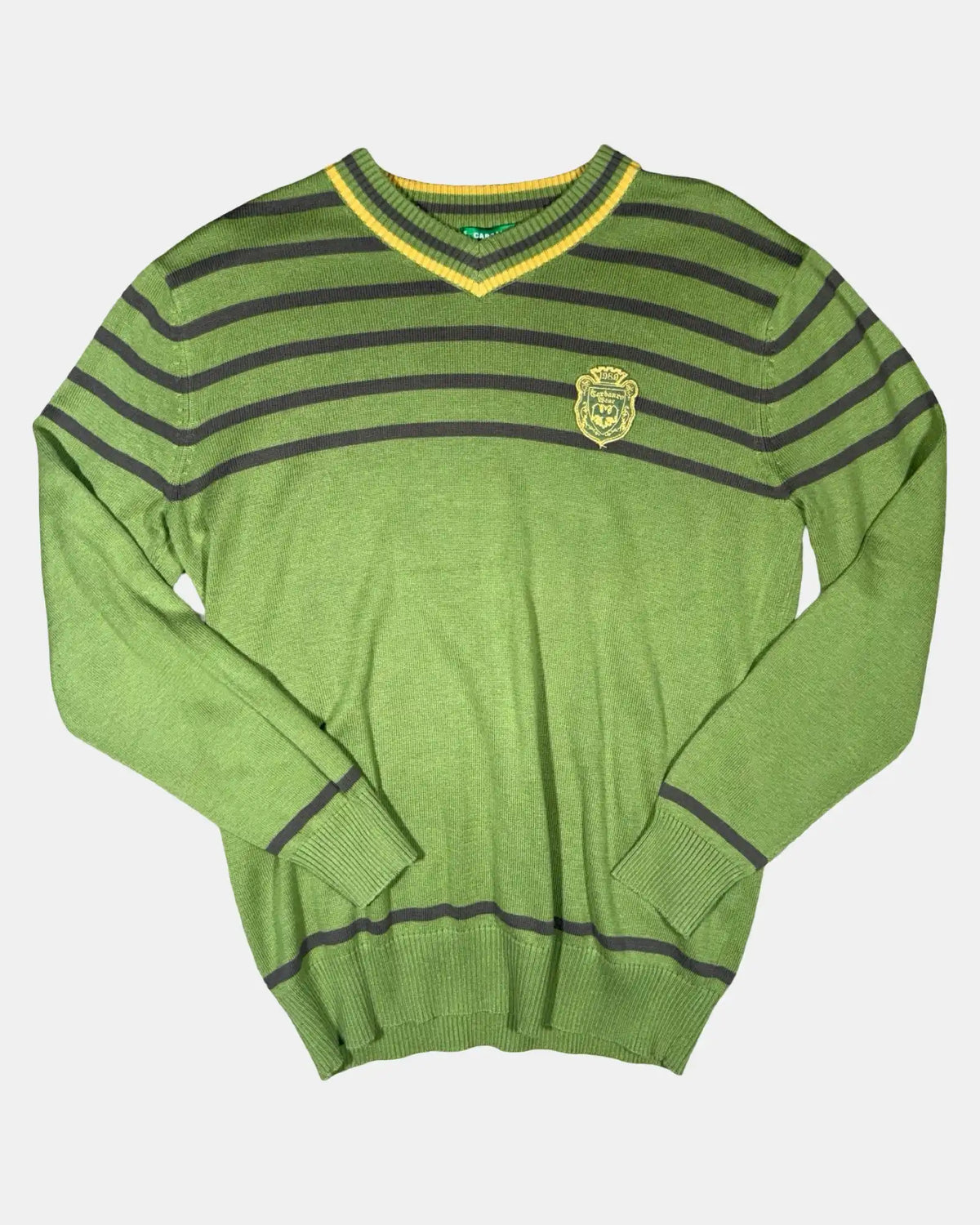 Light Green V Neck Jumper with Brown Stripes