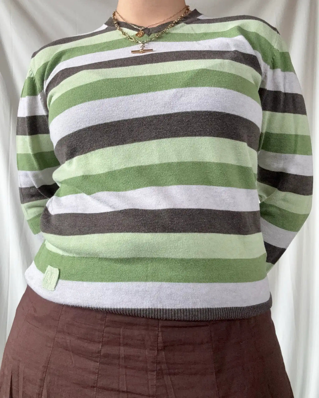 Green Brown and White Striped Jumper