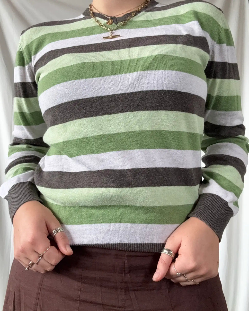 Green Brown and White Striped Jumper