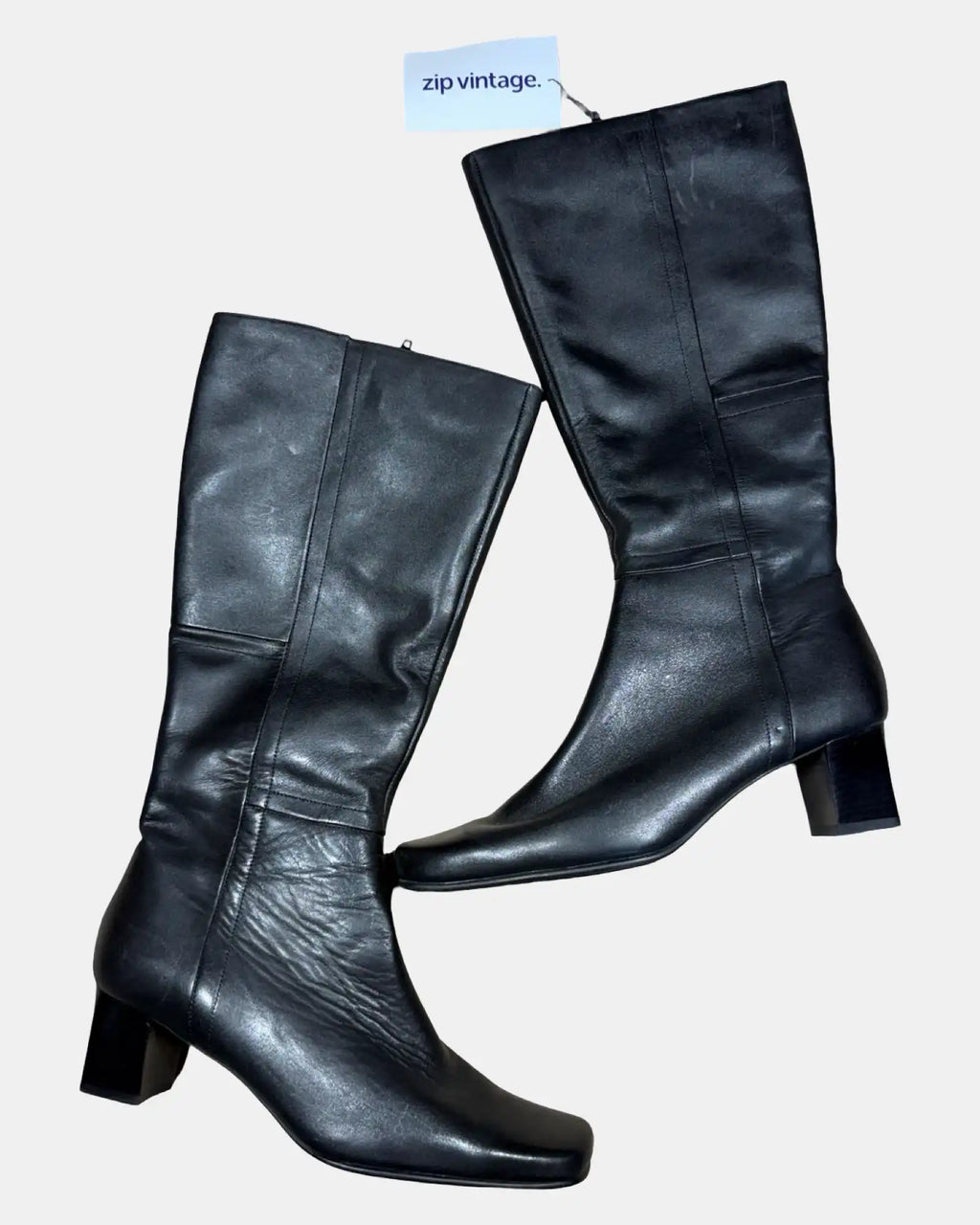Square Toe Black Leather High Boots