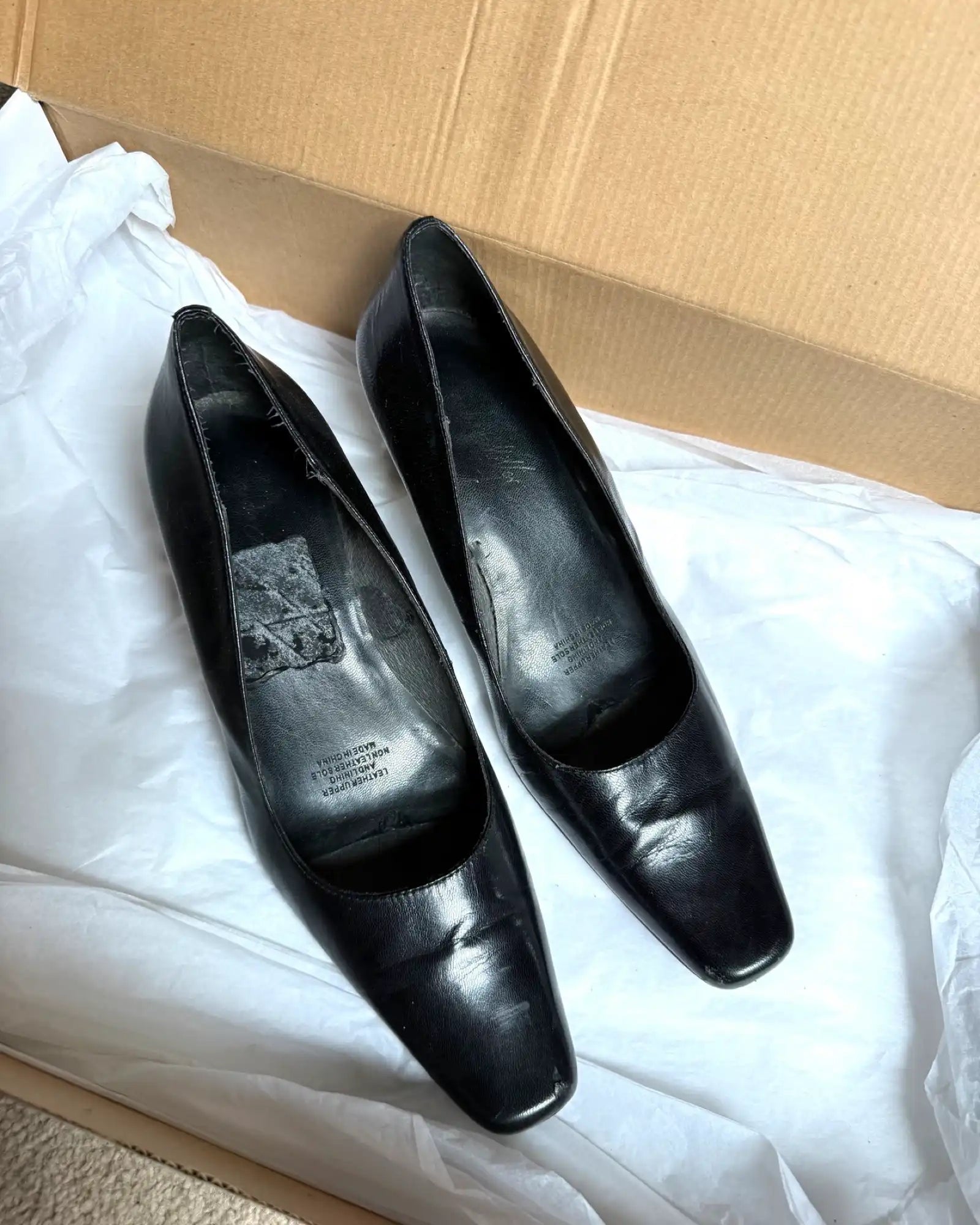 Black Leather Heel with Pointed Square Toe