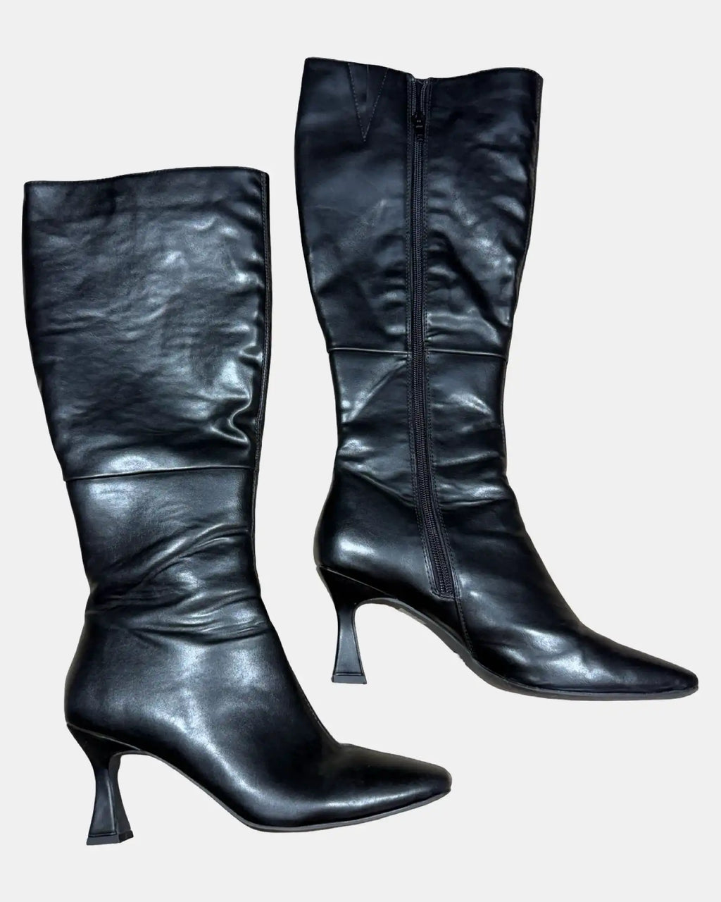 Black Faux Leather Boots with Curved Heel
