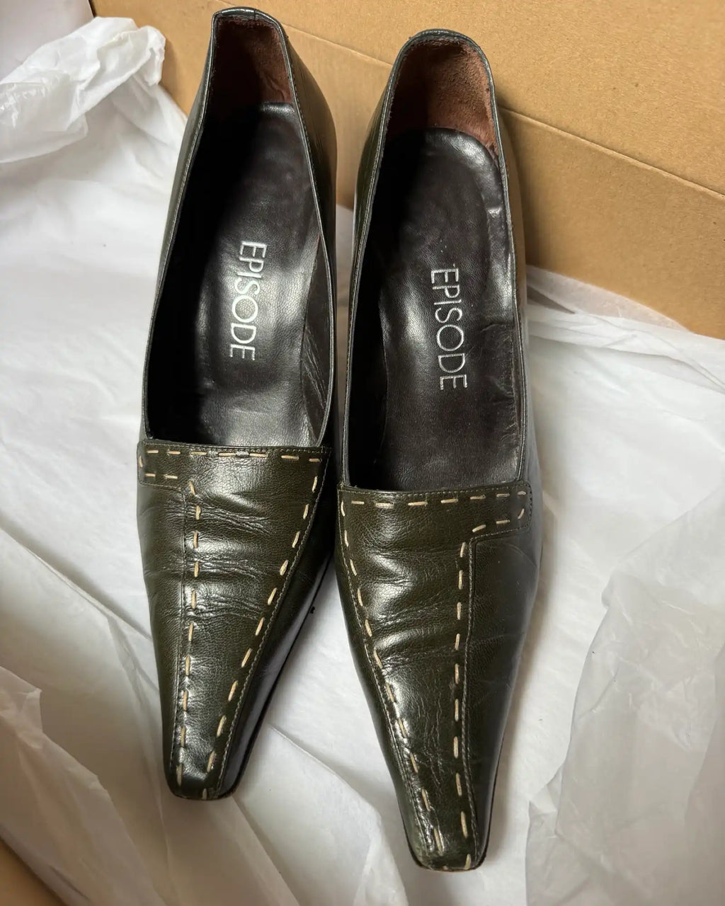 Olive Green Leather Heel with Pointed Toe