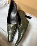 Olive Green Leather Heel with Pointed Toe