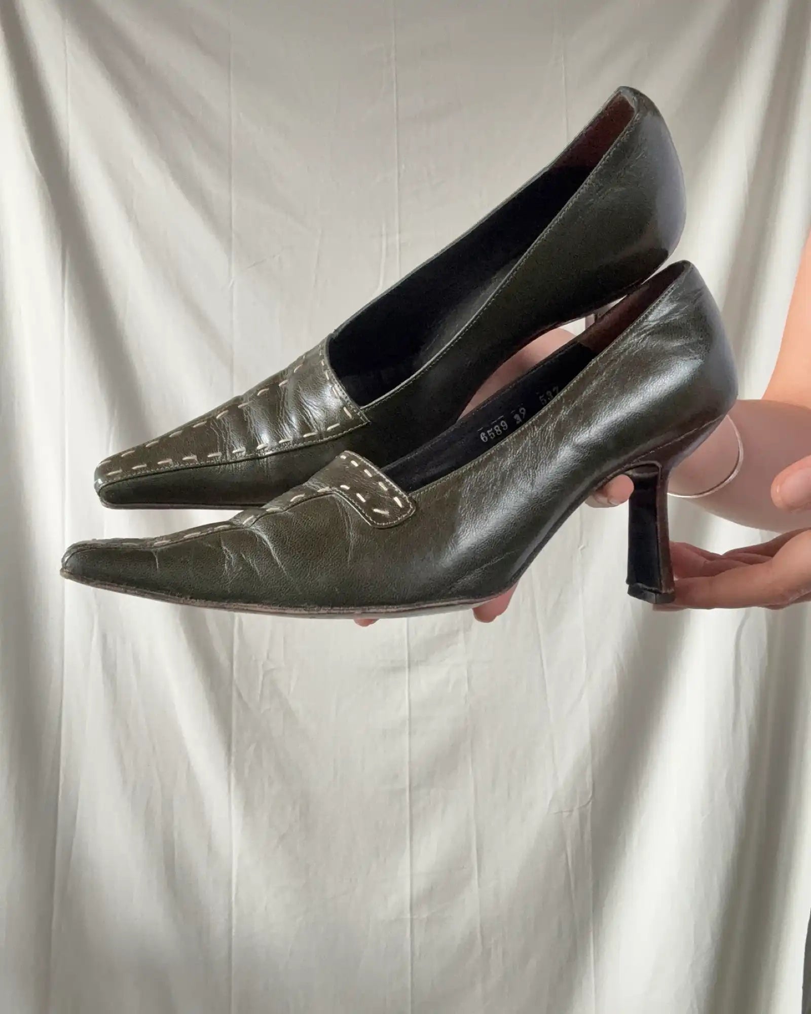 Olive Green Leather Heel with Pointed Toe