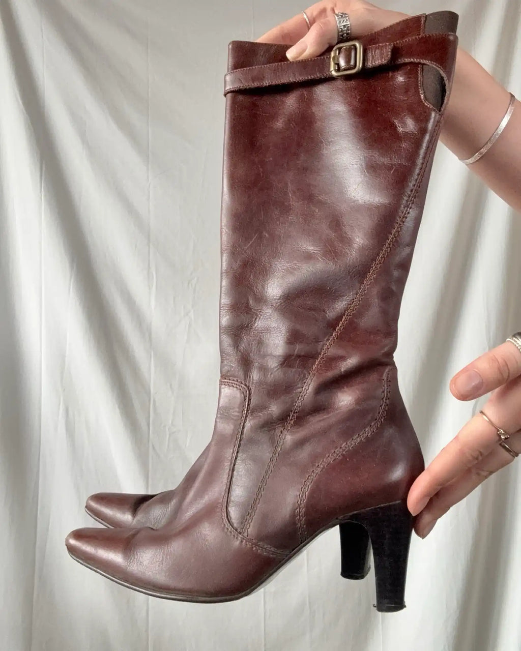 Brown Leather Pointed Toe Boots with Buckle