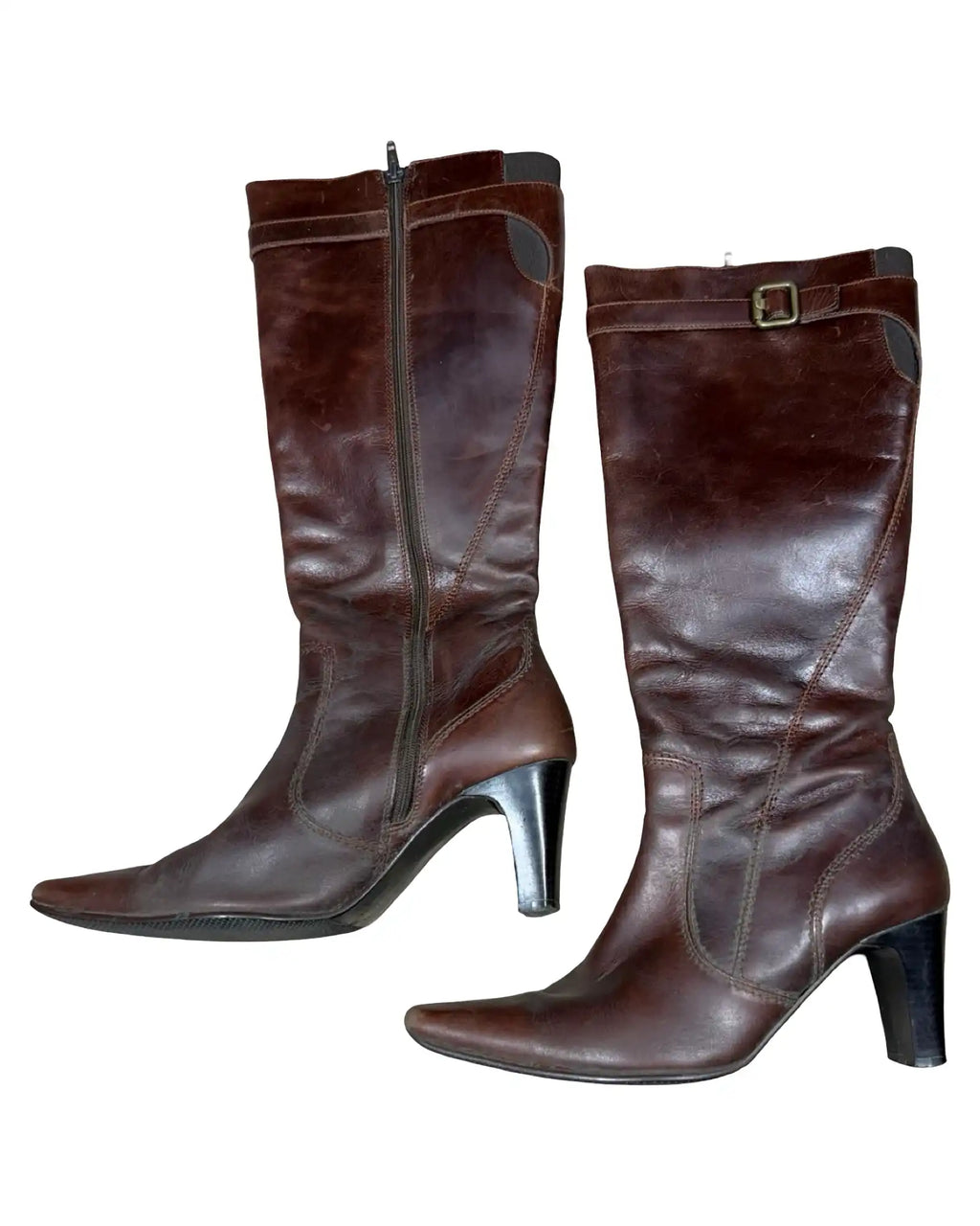Brown Leather Pointed Toe Boots with Buckle