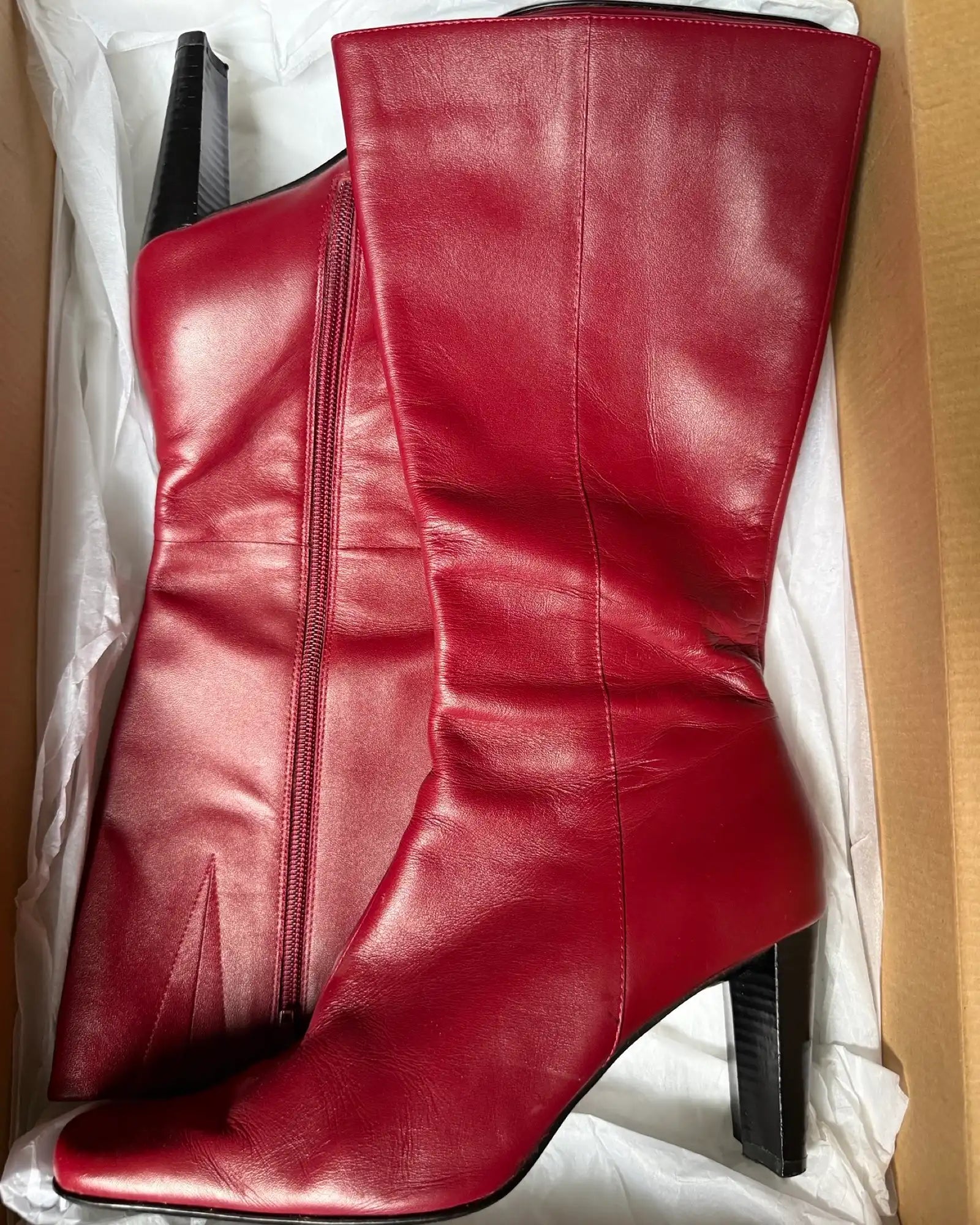 Red Leather Square Toe Boots