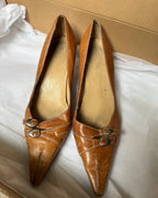 Light Brown Leather Pointed Heels with Buckles