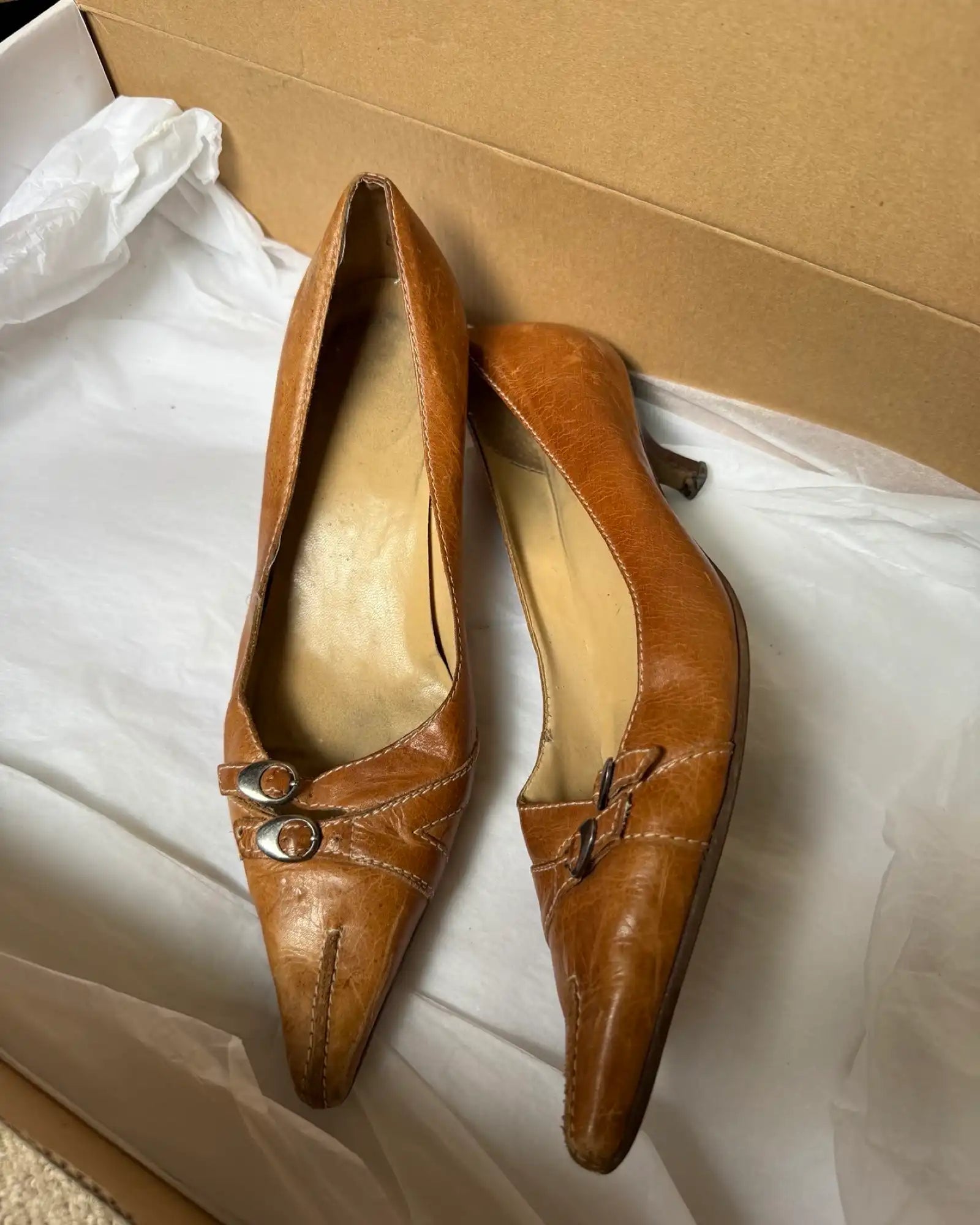 Light Brown Leather Pointed Heels with Buckles