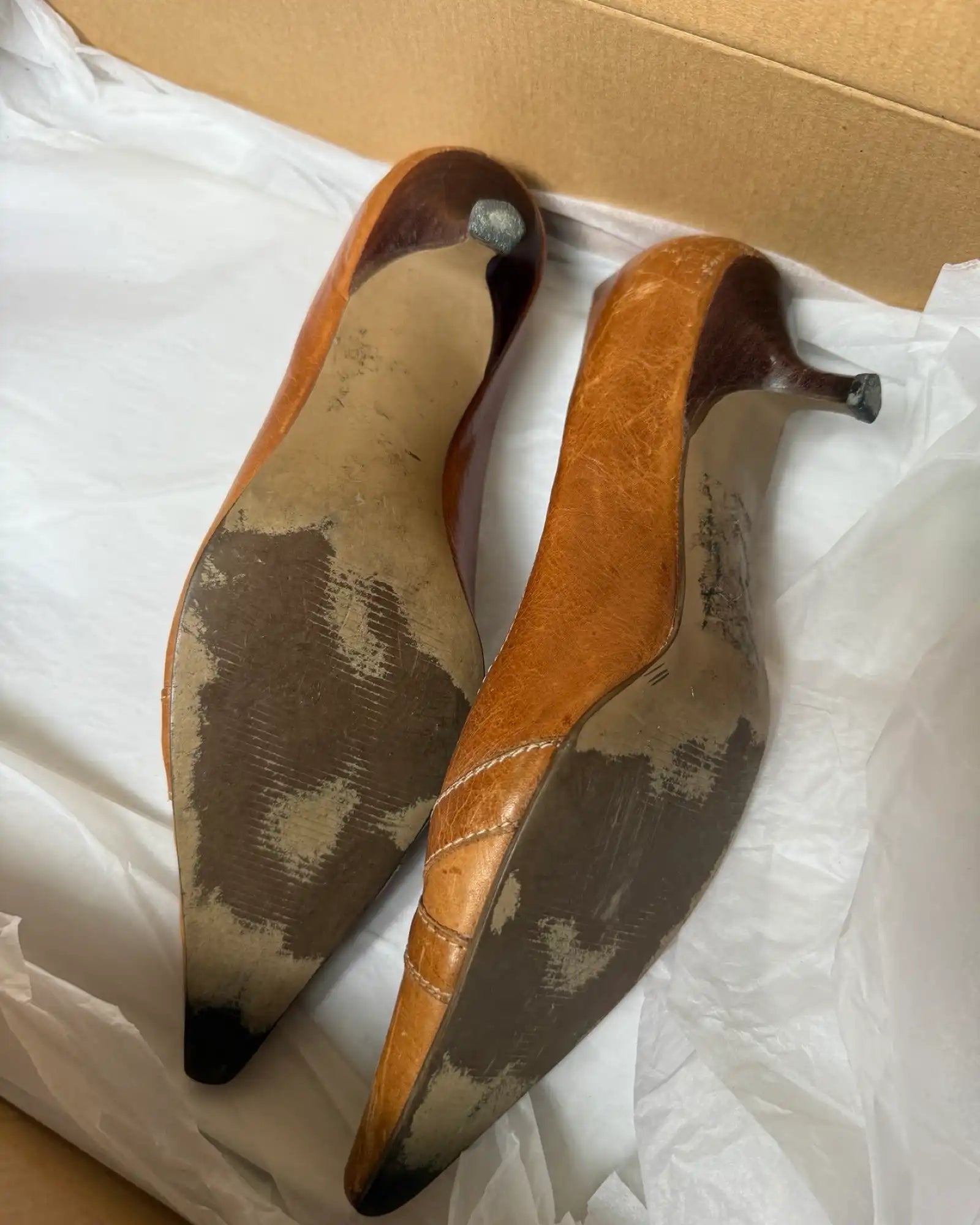 Light Brown Leather Pointed Heels with Buckles
