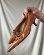 Light Brown Leather Pointed Heels with Buckles