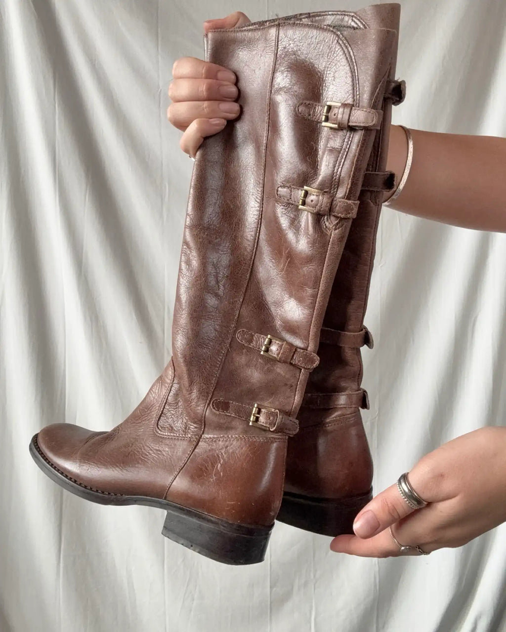 Dark Brown Leather Buckle Boots