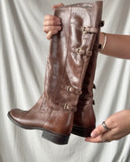 Dark Brown Leather Buckle Boots