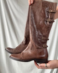 Dark Brown Leather Buckle Boots