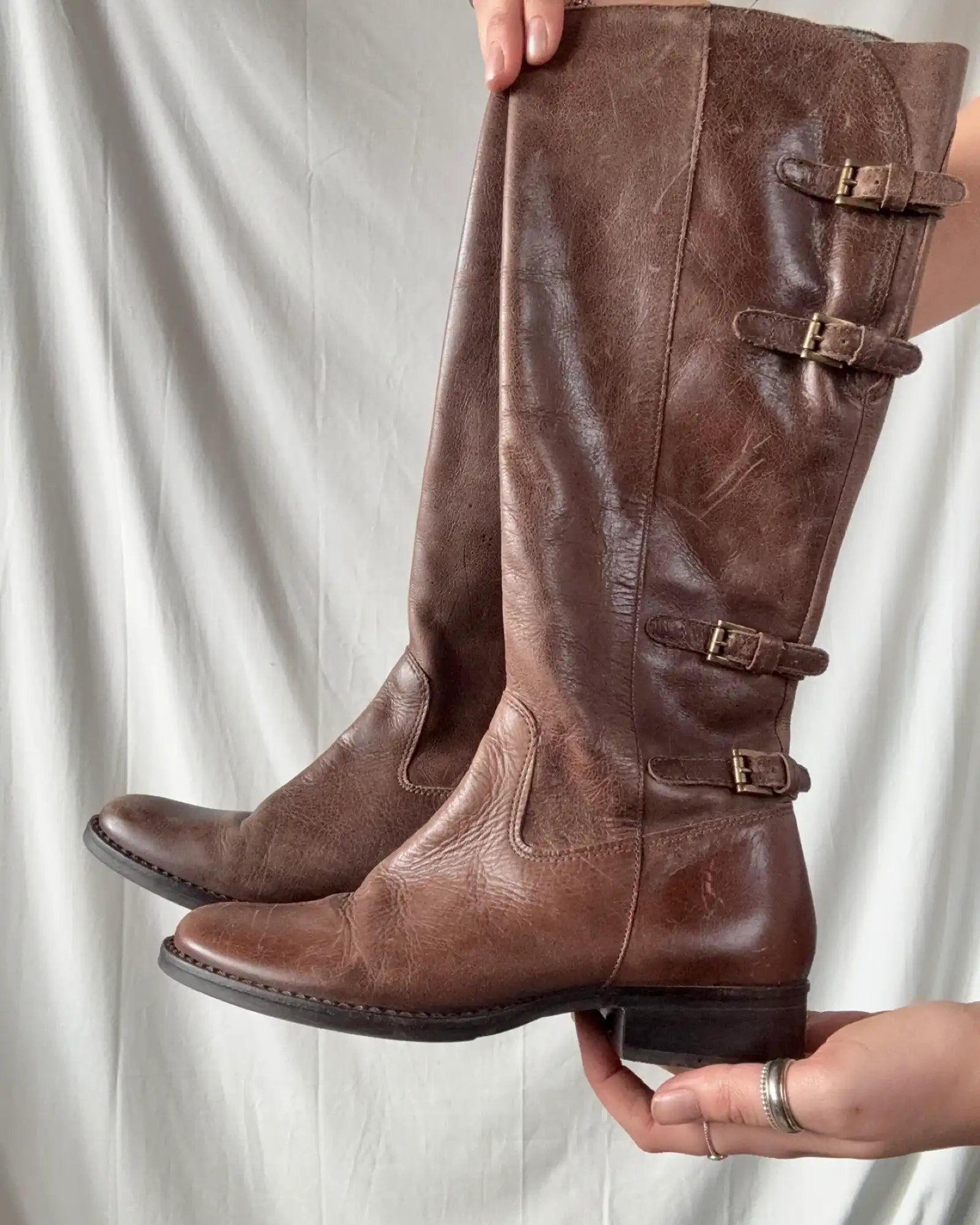 Dark Brown Leather Buckle Boots