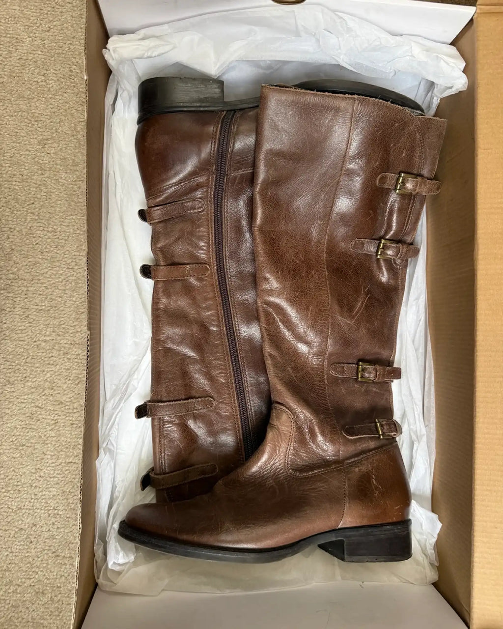Dark Brown Leather Buckle Boots