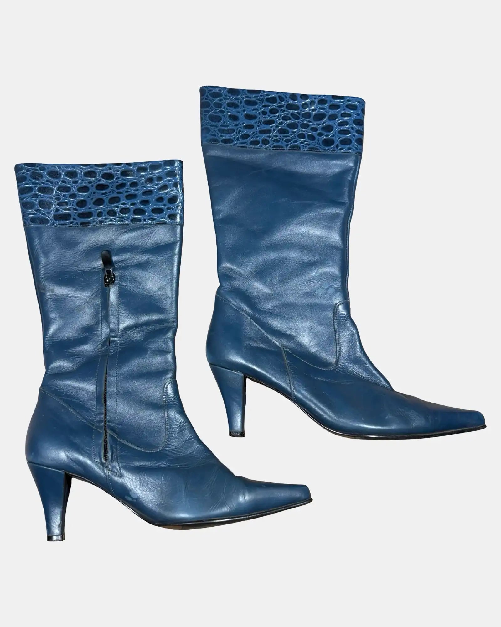 Navy Heeled Leather Boots